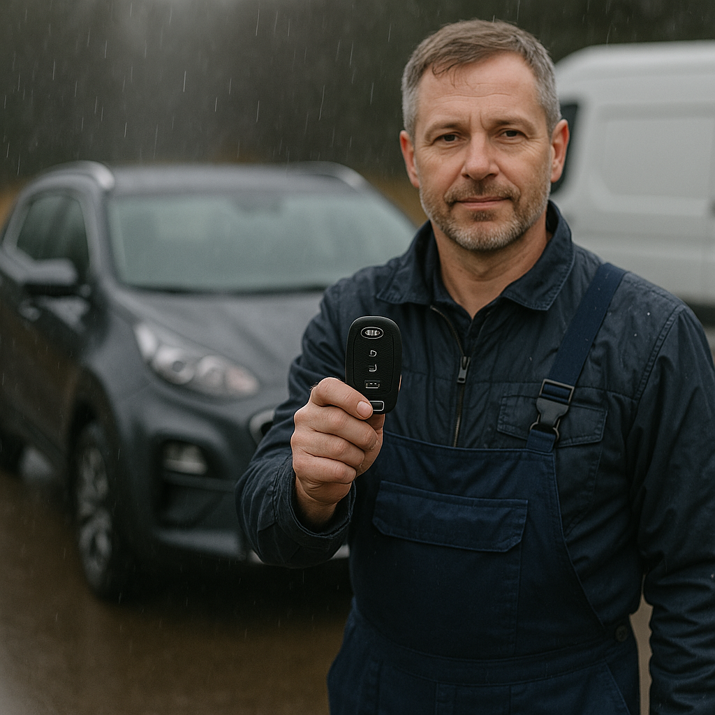 Yağmurlu bir günde elinde Kia anahtarı tutan usta, arka planda Kia Sportage ve Bursa Çilingir Oto Anahtarcı logolu mobil servis aracı – araç başında hizmet sahnesi