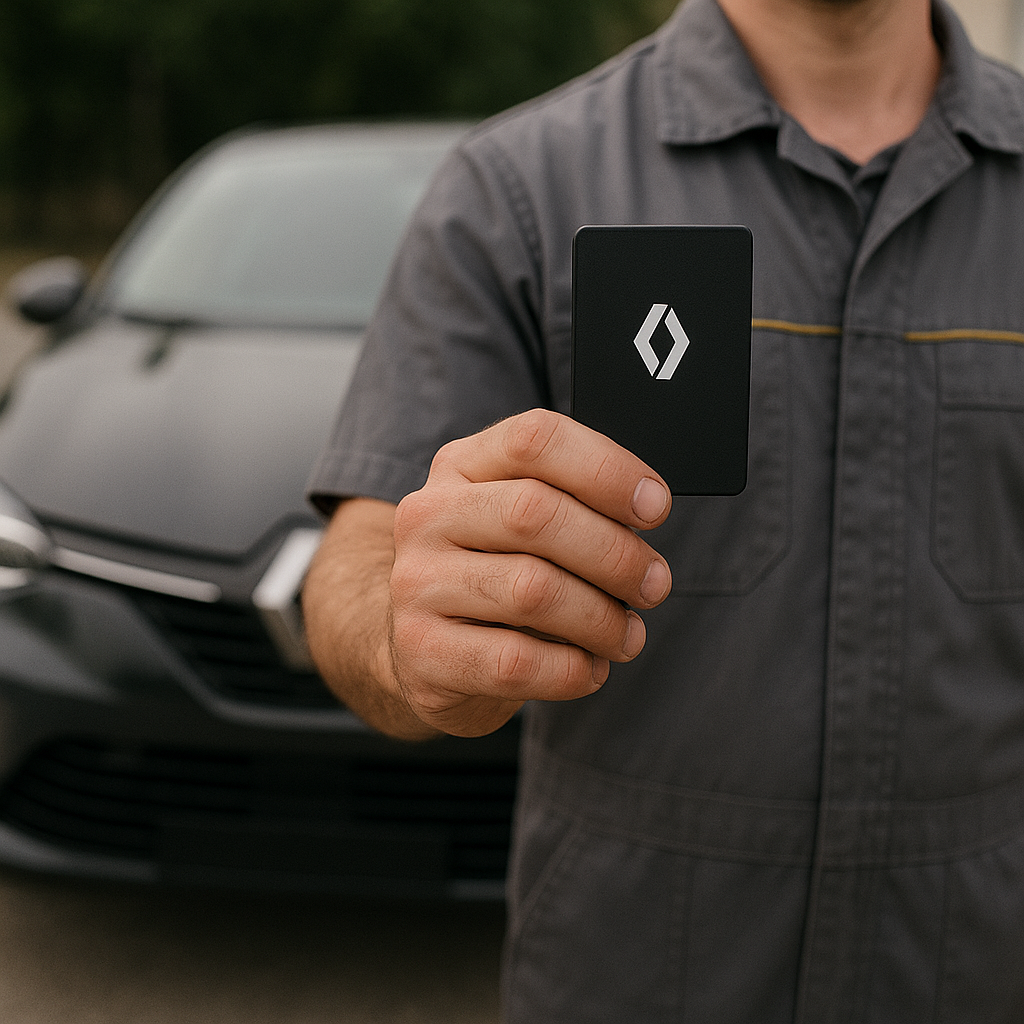 Renault Clio veya Megane önünde usta elinde Renault kart anahtar tutuyor – Bursa Çilingir Oto Anahtarcı